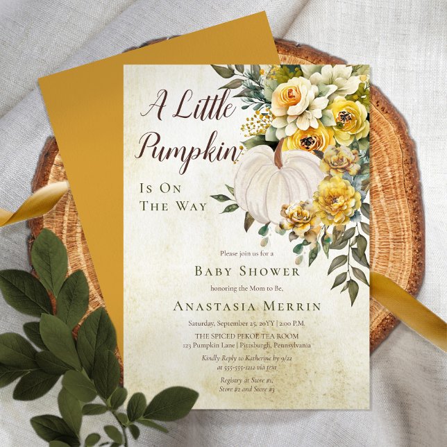 Convites Um Pequeno Pumpkin Colhe Um Dourado Chá de fraldas (Boho chic elegant fall / autumn "A Little Pumpkin" gender neutral Baby Shower Invitation)