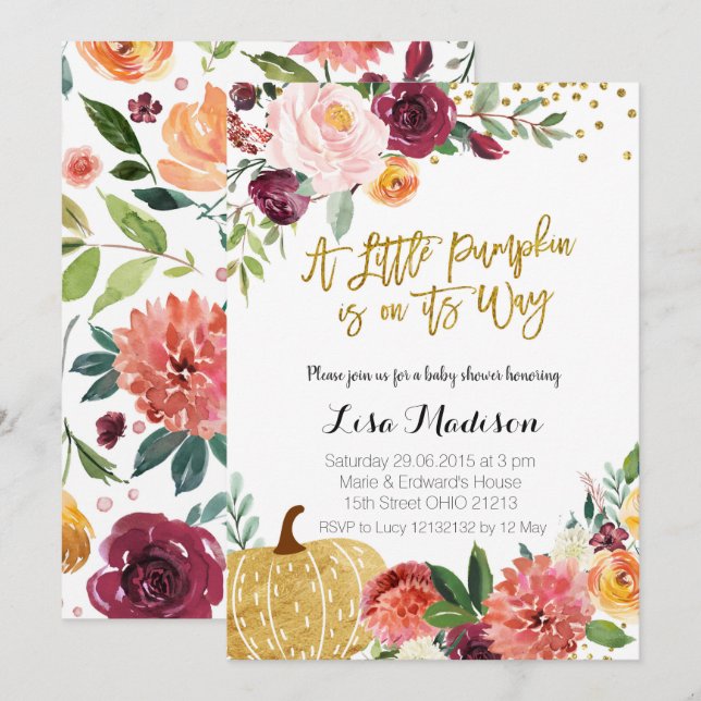 Convites Um pequeno Pumpkin está a caminho do Chá de fralda (Frente/Verso)