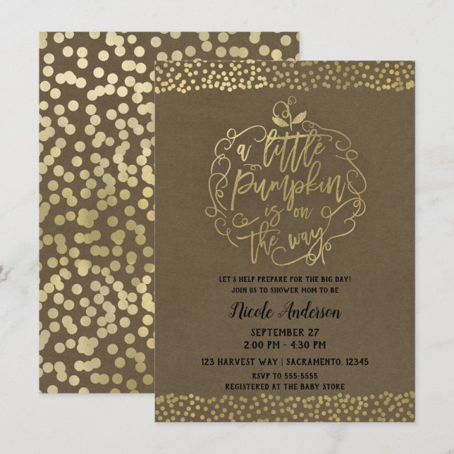 Convites Um pequeno Pumpkin Fall Rustic Gold Baby Shower (Frente/Verso)