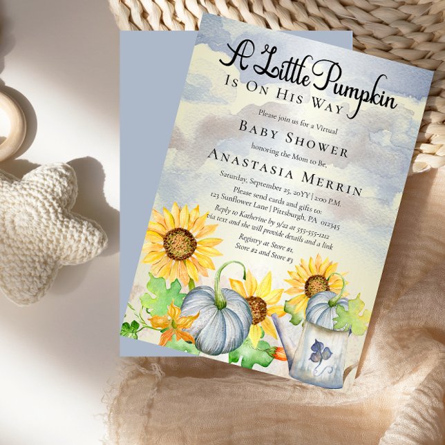 Convites Um Pequeno Pumpkin | Girassóis Chá de fraldas virt ("A Little Pumpkin Is On His Way" Blue Pumpkins and Sunflowers Virtual Baby Shower Invitation)
