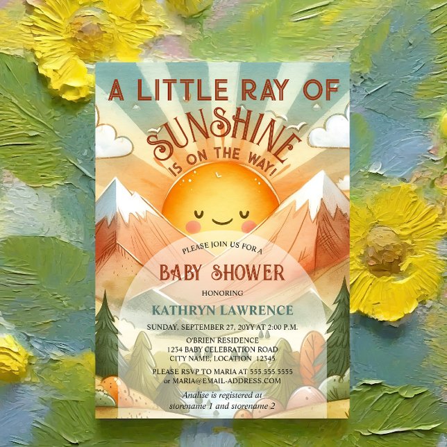 Convites Um pequeno raio de Chá de fraldas solar (Retro and whimsical little ray of sunshine baby shower invitation ready to be customized.)