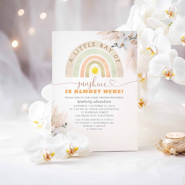 Convites Um pequeno raio de sol - Chá de fraldas arco-íris (A Little Ray Of Sunshine Is Almost Here - Cute Boho Baby Shower Invitations)