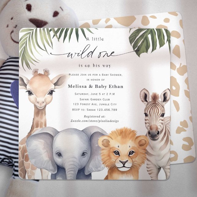 Convites Um pequeno selvagem está a caminho do Chá de frald (Wild One Safari Baby Animals, Baby BoyShower. A wild One is on Her way, A Cute Baby Shower invite.)