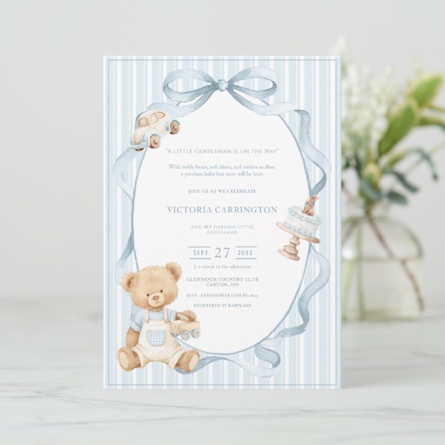 Convites Um Pequeno Urso Azul Cavalheiro Bebê Listra Bebê  (Em pé/Frente)