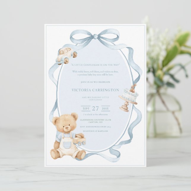 Convites Um Pequeno Urso Azul Gentil Bebê Menino  (Em pé/Frente)