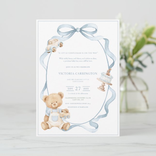 Convites Um Pequeno Urso Azul Gentil Bebê Menino  (Em pé/Frente)