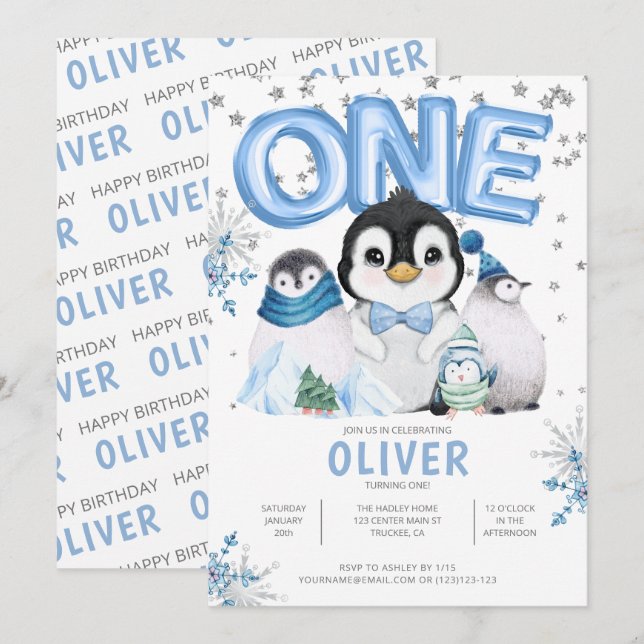 Convites UM Pinguins de Inverno Menino 1º Aniversário (Frente/Verso)