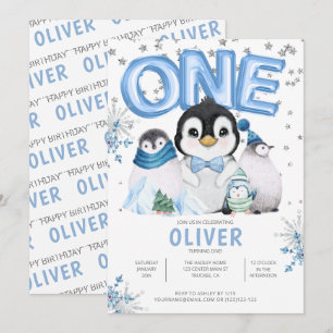 Convites UM Pinguins de Inverno Menino 1º Aniversário
