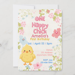 Convites Um Pintinho Feliz, Floral Aniversário de 1 Ano