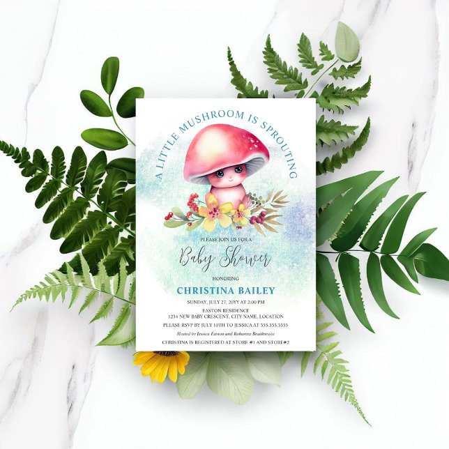 Convites Um Pouco De Cogumelo Está Provocando Chá de fralda (Cute little watercolor mushroom sprouting baby boy shower invitation.)