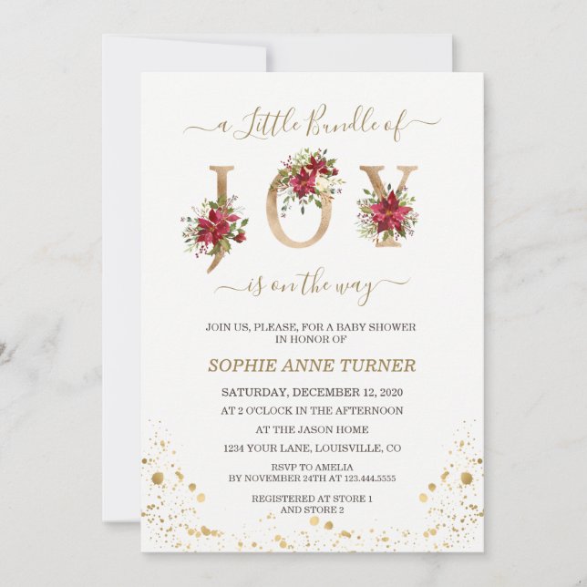 Convites Um Pouco De Joy Poinsettia Dourada Chá de fraldas (Frente)