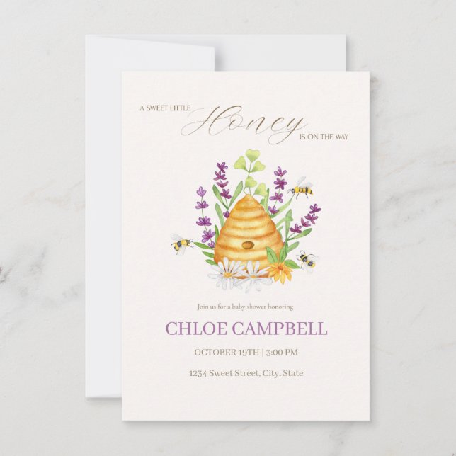 Convites UM POUCO DE MEL DOCE ESTÁ NO CAMINHO Chá de fralda (Frente)