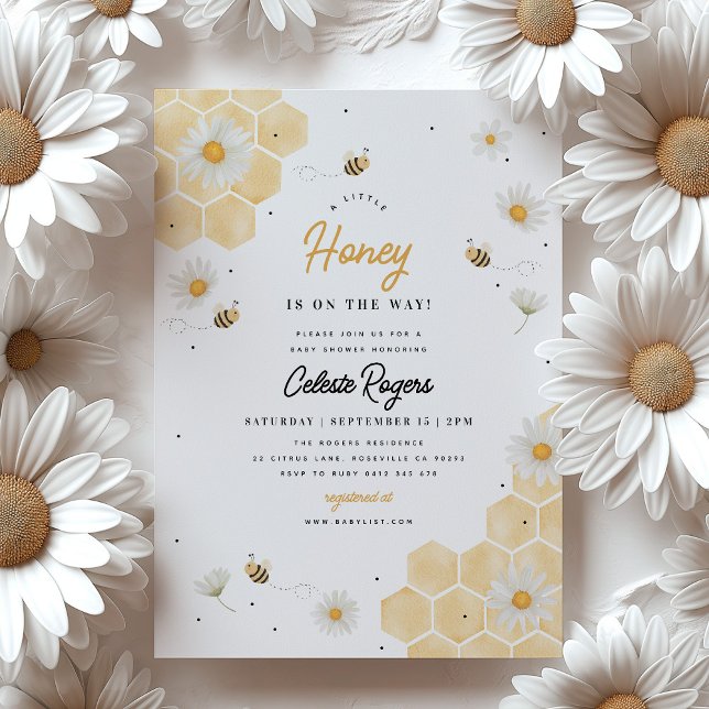 Convites Um Pouquinho de Mel Está a Caminho! Chás de Bebê (A little honey is on the way! Bee themed Baby Shower Invitation)