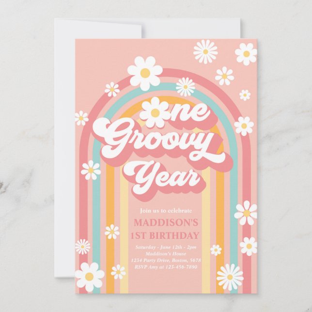 Convites Um primeiro aniversario Boho Daisy Rainbow de um A (Frente)