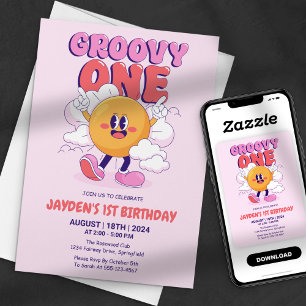 Convites Um Primeiro Aniversário Cor-de-Rosa Groovy Retro