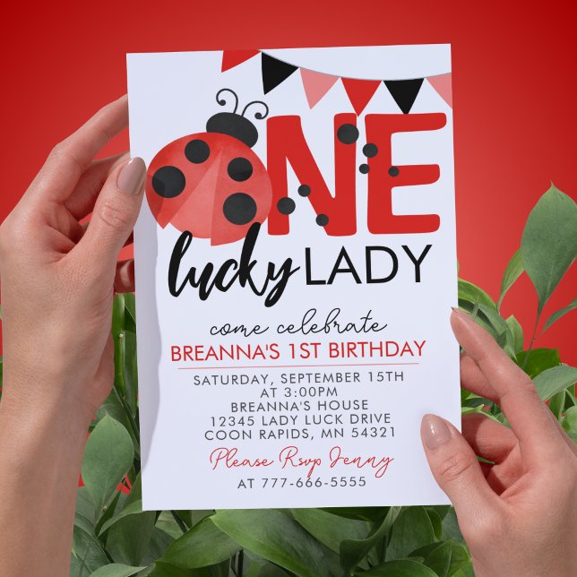 Convites Um primeiro aniversario da Lady Watercolor Ladybug (White One Lucky Lady Watercolor Ladybug 1st Birthday Party Invitations)