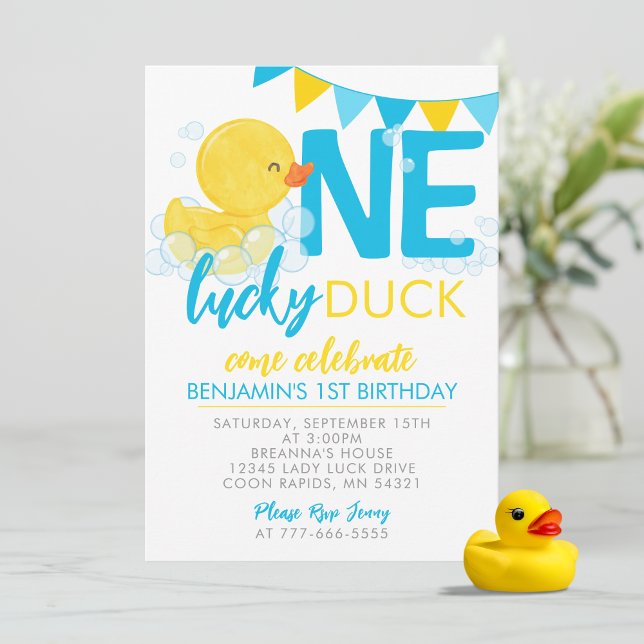 Convites Um primeiro aniversario de Borracha de Água de Pat (Watercolor One Lucky Duck Birthday Invitations. Available Printed or Digital Download)