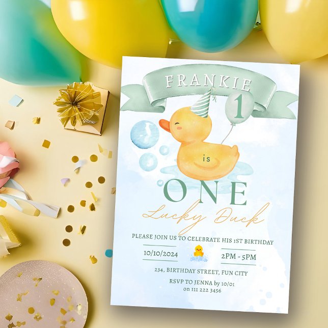 Convites Um primeiro aniversario de borracha neutro de sexo (One Lucky Duck Gender Neutral Rubber Duck 1st Birthday Invitation)