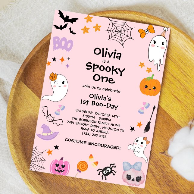 Convites Um primeiro aniversario de Dia das Bruxas Fantasma (Pink Spooky One Cute Ghost Halloween 1st Birthday Invitation )