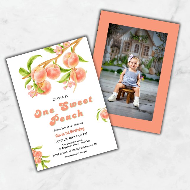 Convites Um primeiro aniversario de Fotografia de Fruta Pea (One Sweet Peach Fruit Photo 1st Birthday Invitation )