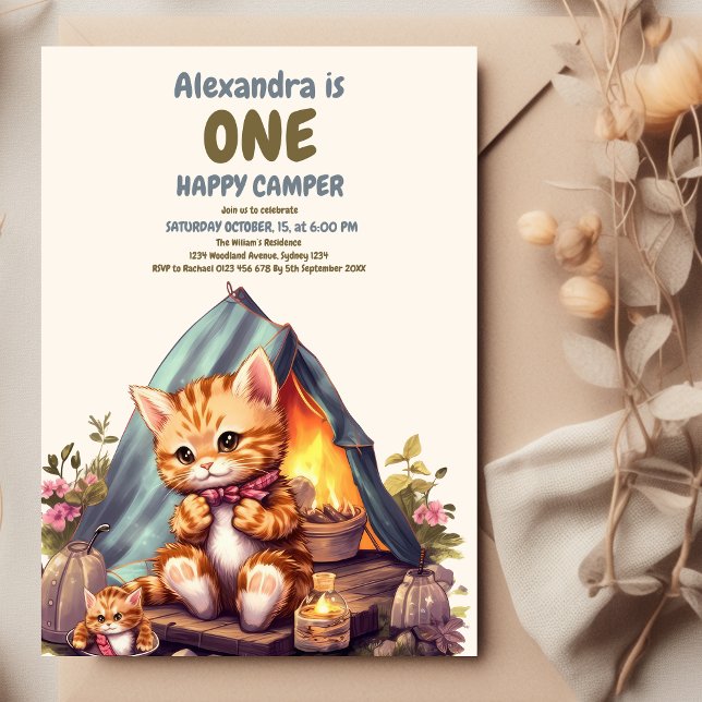 Convites Um primeiro aniversario de Gato de Woodland Feliz (Criador carregado)