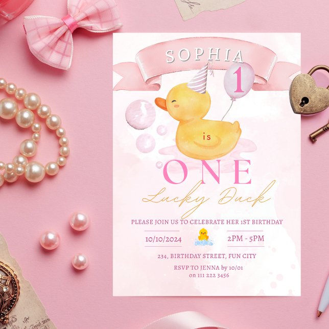 Convites Um primeiro aniversario de Pata Rosa Rosa com Borr (One Lucky Duck Pink Rubber Duck 1st Birthday Invitation)