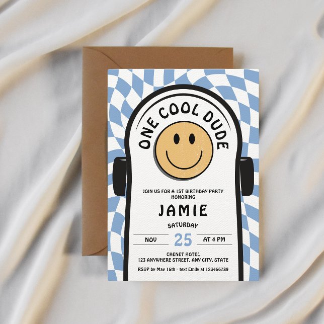 Convites Um primeiro aniversario de skate retrô Legal (One cool dude 1st birthday skateboard invitation)