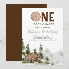 Convites Um primeiro aniversario de Urso de Aquarela Feliz