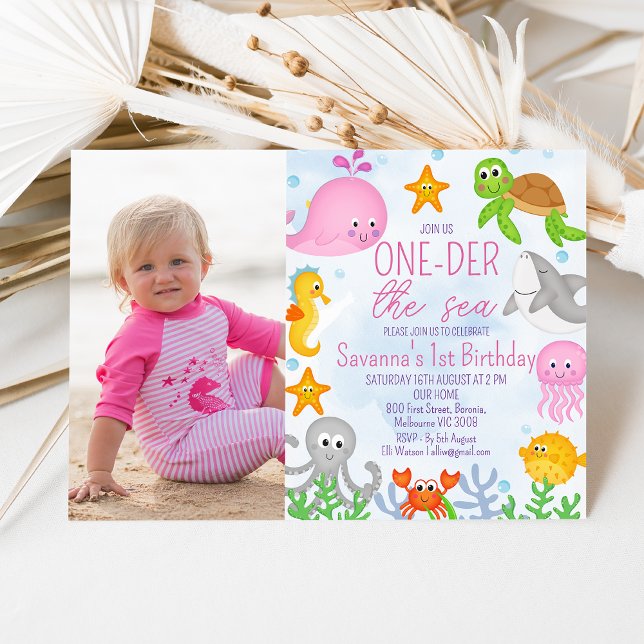 Convites Um primeiro aniversario do Mar da Rapariga de Foto (Sweet under the sea or one-der the sea 1st birthday invitation for a girl featuring a pink whale.)