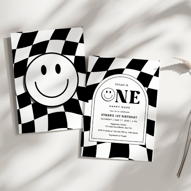 Convites Um primeiro aniversario Feliz do Cara Feliz (One Happy Dude Happy Face Boy 1st Birthday Invitation )