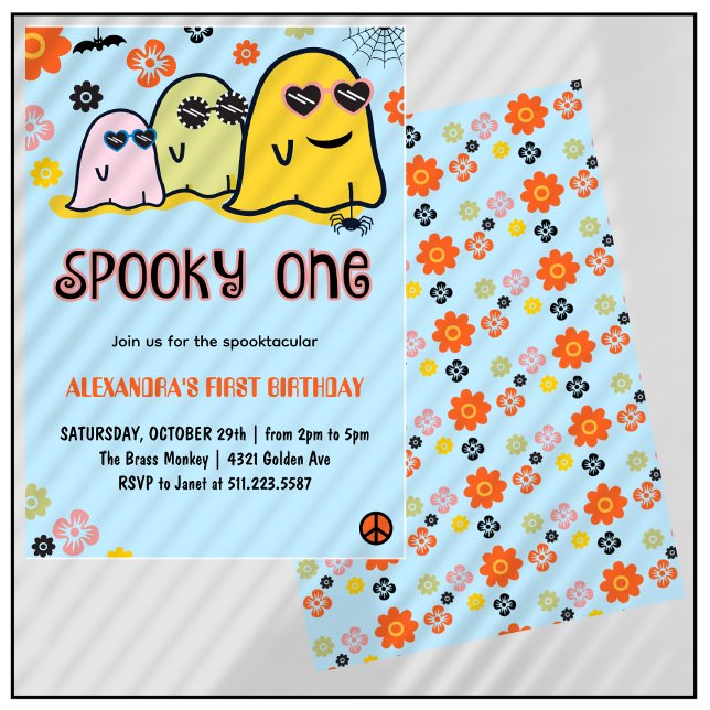 Convites Um primeiro aniversario Ghost Groovy Halloween (Halloween-1st-birthday-Invitation-Spooky one-Ghost-Groovy-blue-1)