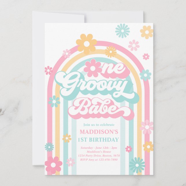 Convites Um primeiro aniversario Groovy Babe Boho Daisy Rai (Frente)