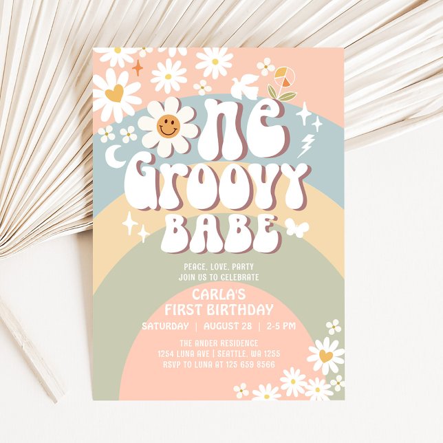 Convites UM primeiro aniversario Groovy Babe Daisy Hippie (Criador carregado)
