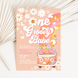 Convites UM primeiro aniversario Groovy Babe Daisy Rainbow
