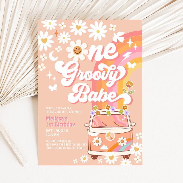 Convites UM primeiro aniversario Groovy Babe Daisy Rainbow  (Criador carregado)