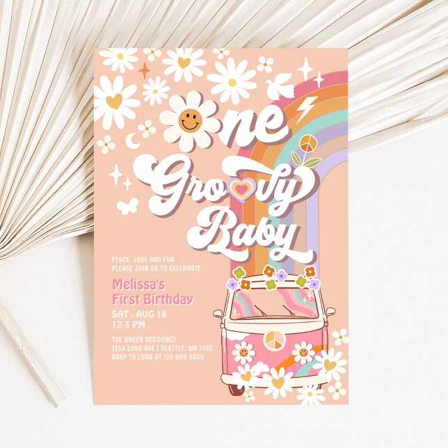 Convites Um primeiro aniversario Groovy Baby Daisy Rainbow (Criador carregado)