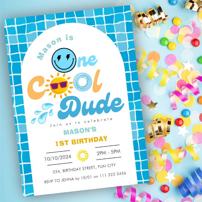 Convites Um primeiro aniversario Legal da Festa de Piscina  (One Cool Dude Summer Pool Party 1st Birthday Invitation)