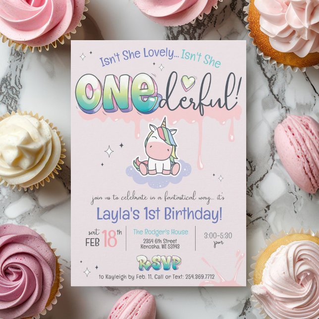 Convites UM primeiro aniversario Maravilhoso do Unicórn Rai (ONEderful cute girly kawaii unicorn rainbow pink purple graffiti magic girl birthday invitation)