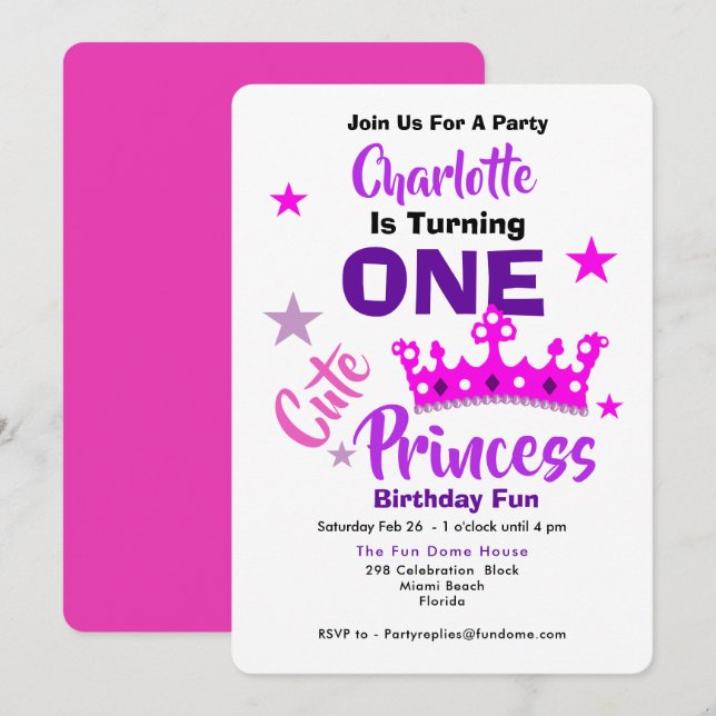 Convites Um primeiro aniversario princesa bonito personaliz (Frente/Verso)
