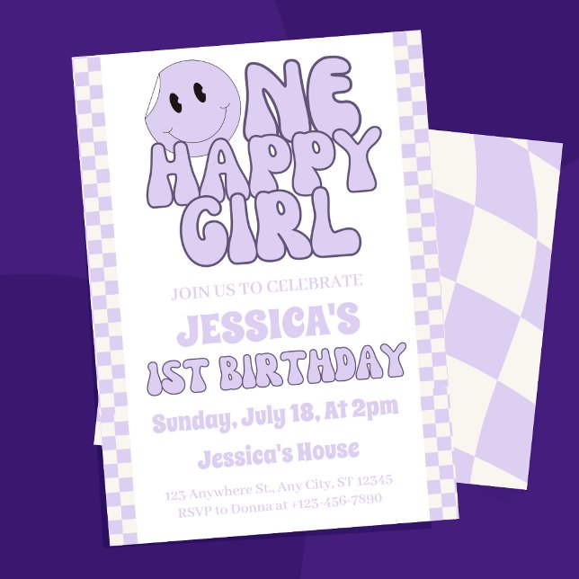 Convites Um primeiro aniversario Retro para Garota Feliz ("Light up your little one's special day with our 'One Happy Girl Retro 1st Birthday Invitation)