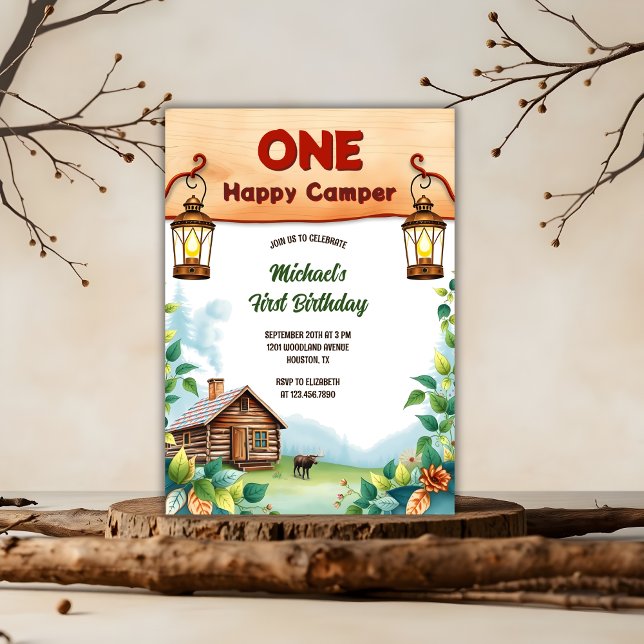 Convites Um primeiro aniversario Russo de Camper Feliz (One Happy Camper 1st Birthday Invitation – Rustic Woodland Party for Baby Boy)