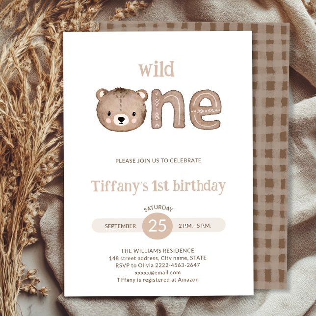 Convites Um primeiro aniversario selvagem de Urso Justo (Wild One minimalistic 1st Birthday Invitation | Neutral Baby Bear Party Invite)