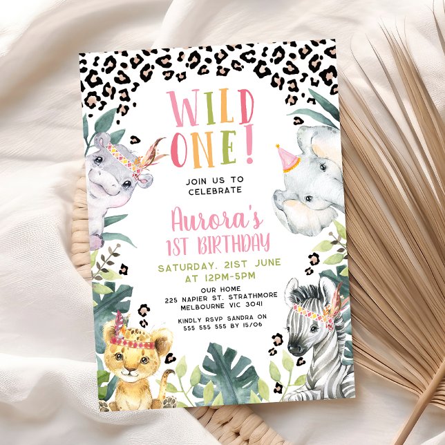 Convites Um primeiro aniversario Selvagem Verde Rosa (Tribal Wild One 1st Birthday Invitation For Baby Girl, Wild One First Birthday Invitation, Cheetah)