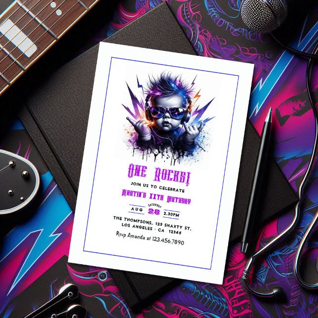 Convites Um Rochedo! Festa Rock On primeiro aniversario (One Rocks! Rock On 1st Birthday Party Invitation)