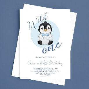 Convites Um Selvagem Bebê Pinguim Aniversário de 1 Ano