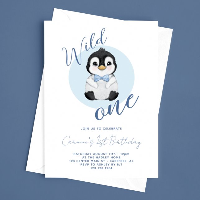 Convites Um Selvagem Bebê Pinguim Aniversário de 1 Ano (Criador carregado)