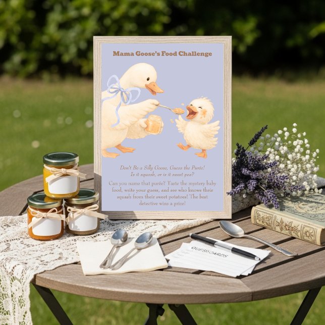 Convites Um Sinal de Jogo de Desafio de Comida para Bebê Az (A silly Goose Blue Baby Food Challenge Game Sign)
