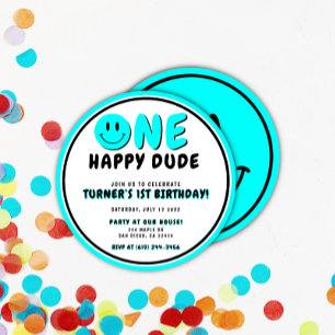 Convites Um Smiley face de primeiro aniversario Feliz