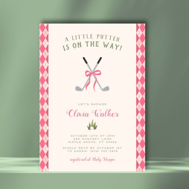 Convites Um Tema de Golfe Little Putter Pré-jovem Rosa Argy (Sweet golf theme with a girly twist. Preppy argyle back for extra charm.)
