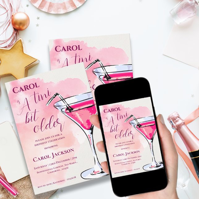 Convites Um Tini Bit Pink Martini Cocktail Mais Antigo (A Tini Bit Older Pink Martini Cocktail Birthday Invitation)